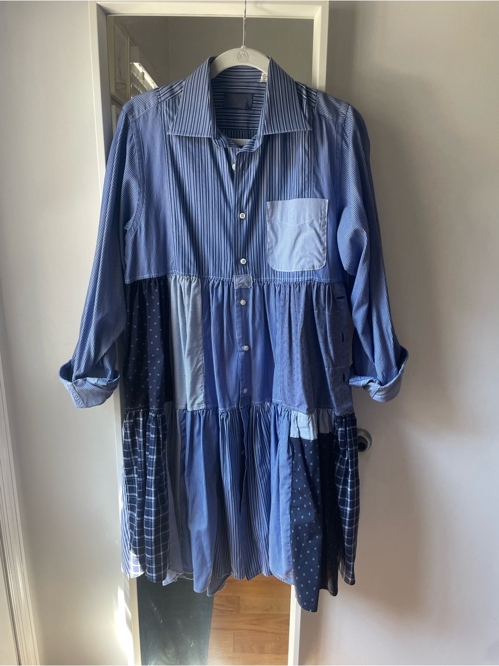 Unique Patchwork Midi Shirt Dress in Blue